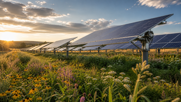 Nahaufnahme von Solarmodulen mit Wildblumen