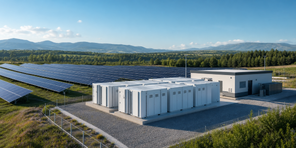 Solarpark-Infrastruktur mit Speicher und Betriebsgebaeude